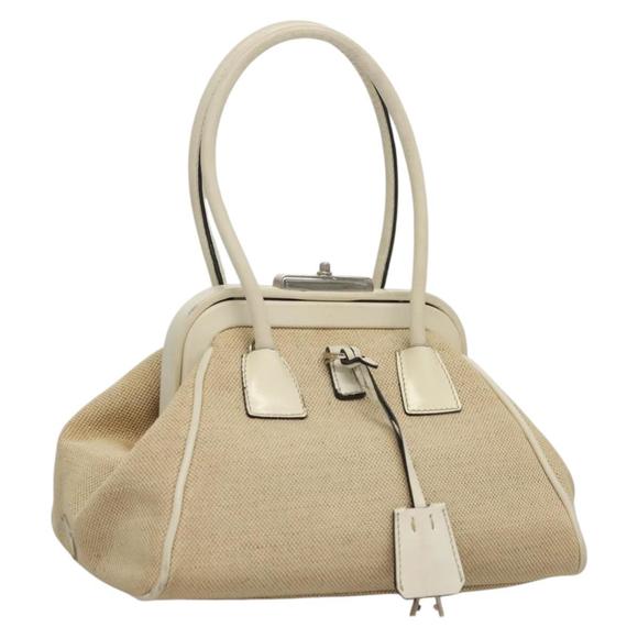 PRADA Hand Bag Canvas Beige Silver Auth 135607 - Picture 1 of 16